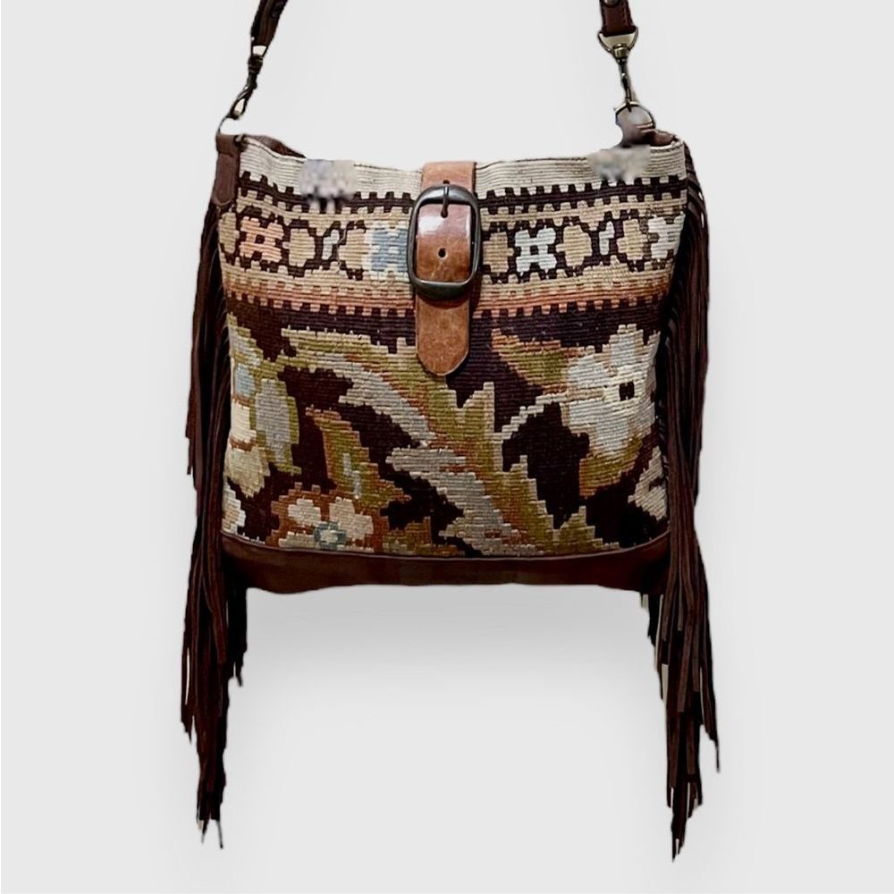Mcfadin Fringe Shoulder Bag Leather and Floral Print Buckle Closure Western